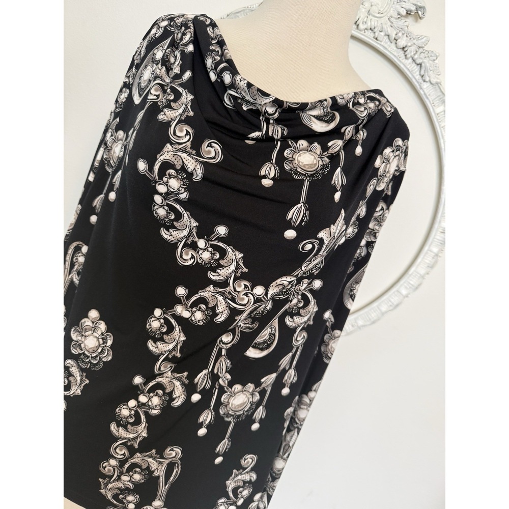 Chicos 1 M Tunic Top Black White Print Draped Neck Long Sleeve Stretch Shirt